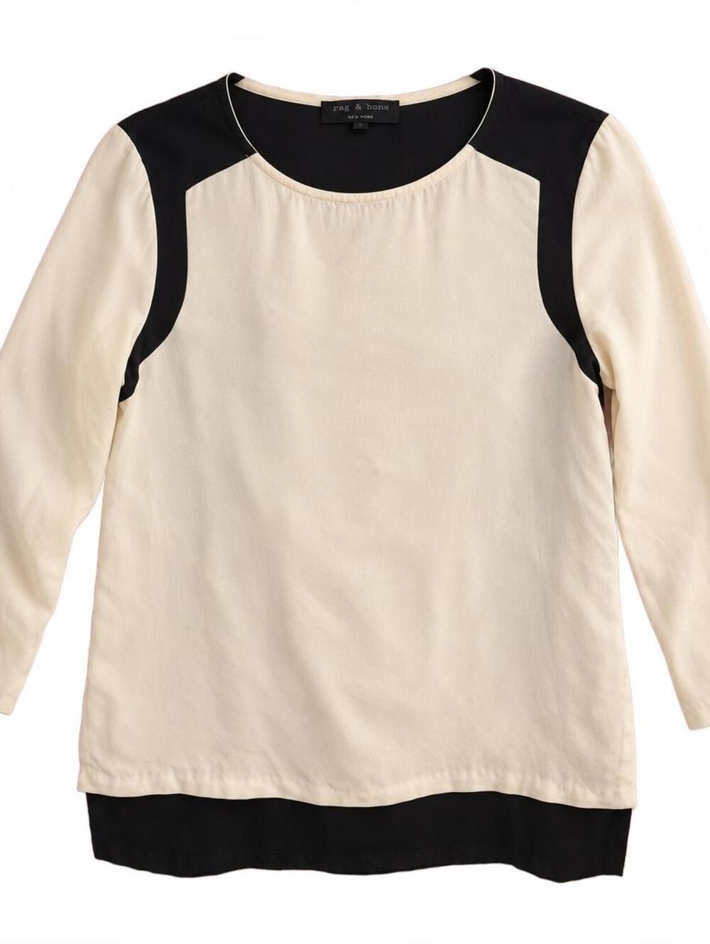 Rag & Bone Romane 100% Silk Colorblock Blouse Ivory Black S